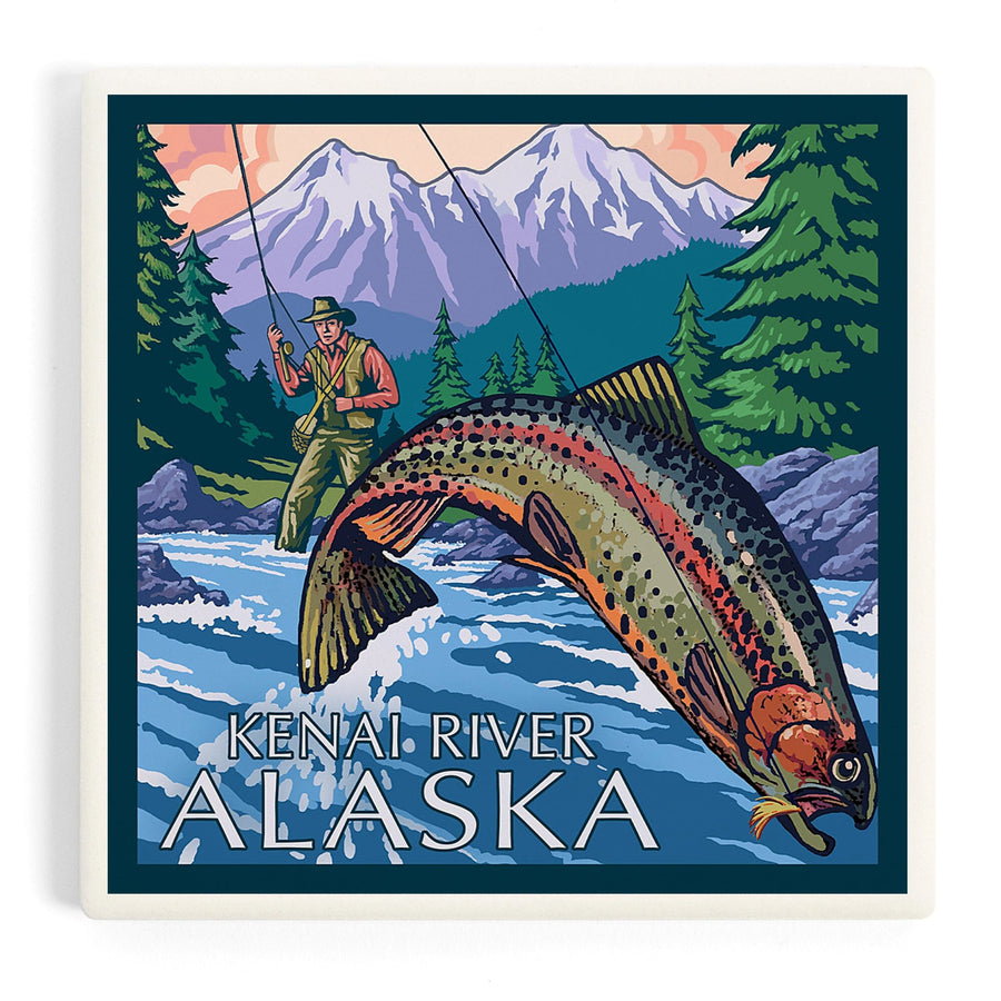 Kenai River, Alaska, Angler Fly Fishing Scene (Leaping Trout), Coasters Coasters Lantern Press 