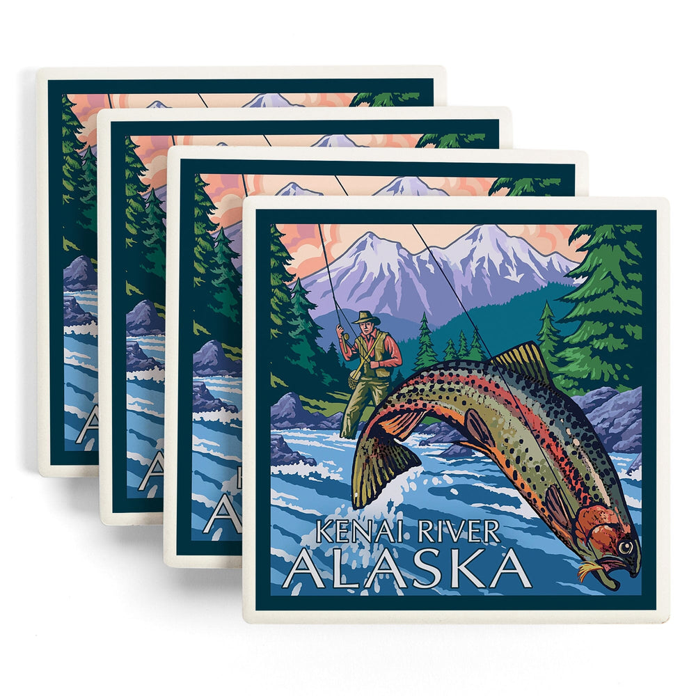 Kenai River, Alaska, Angler Fly Fishing Scene (Leaping Trout), Coasters Coasters Lantern Press 