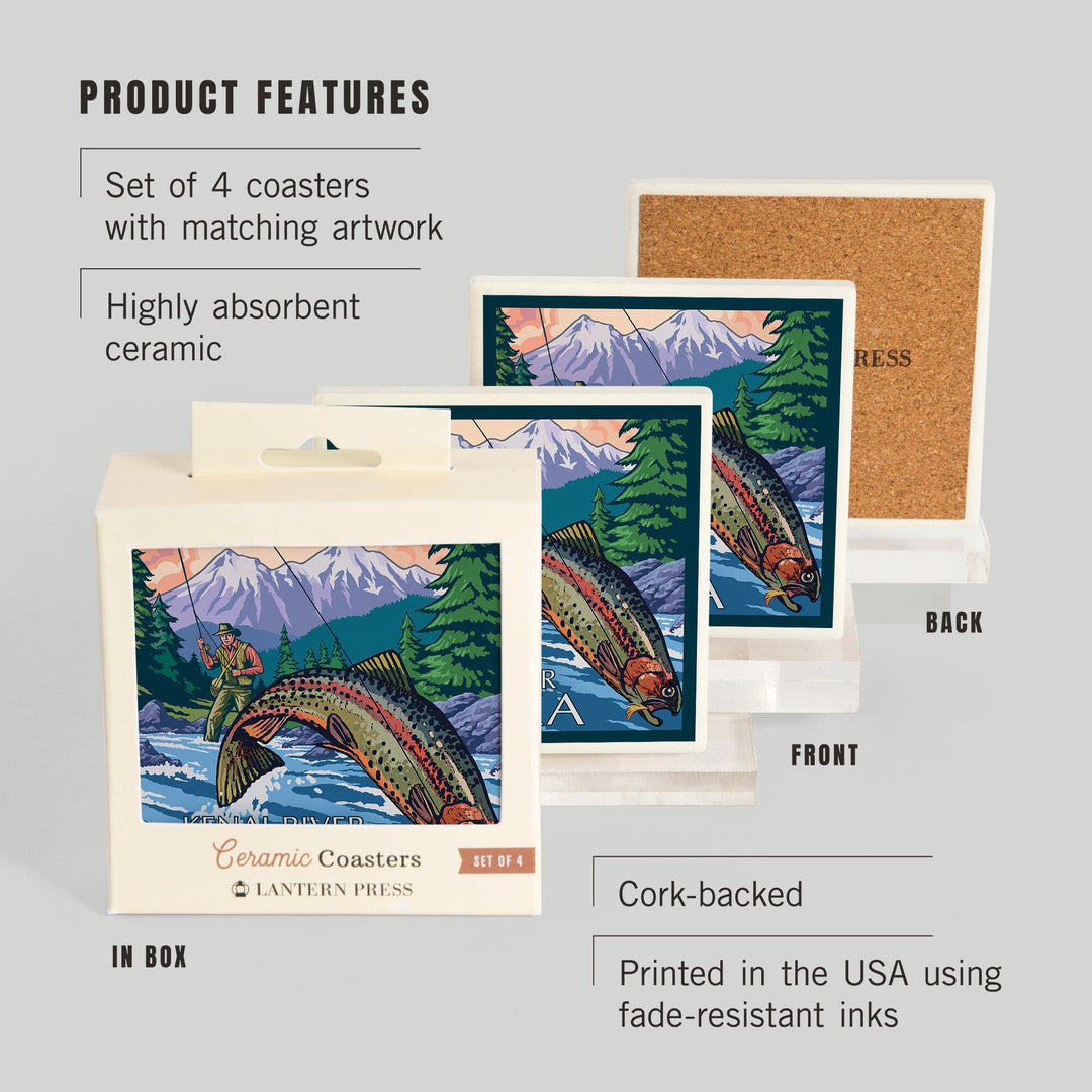 Kenai River, Alaska, Angler Fly Fishing Scene (Leaping Trout), Coasters Coasters Lantern Press 