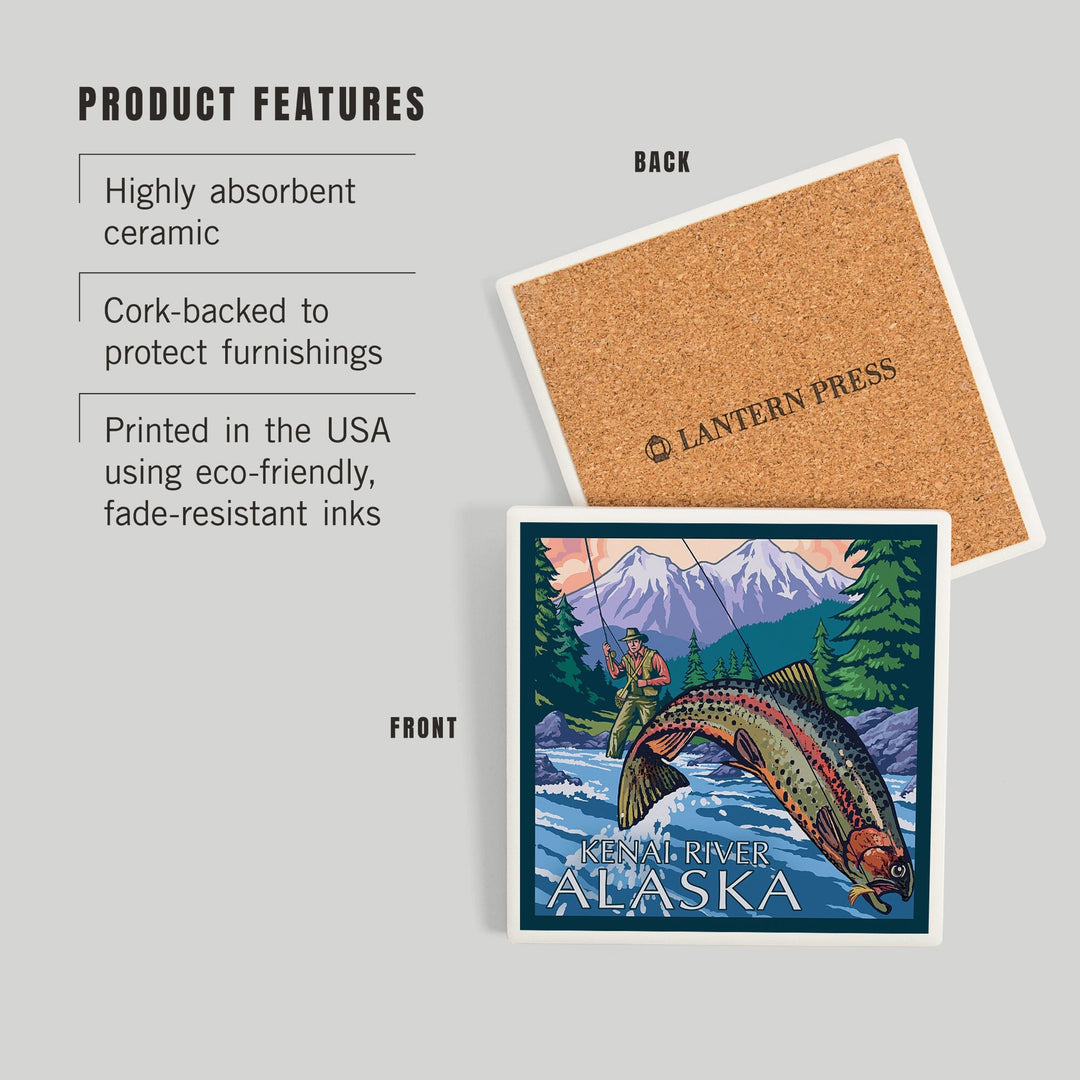 Kenai River, Alaska, Angler Fly Fishing Scene (Leaping Trout), Coasters Coasters Lantern Press 