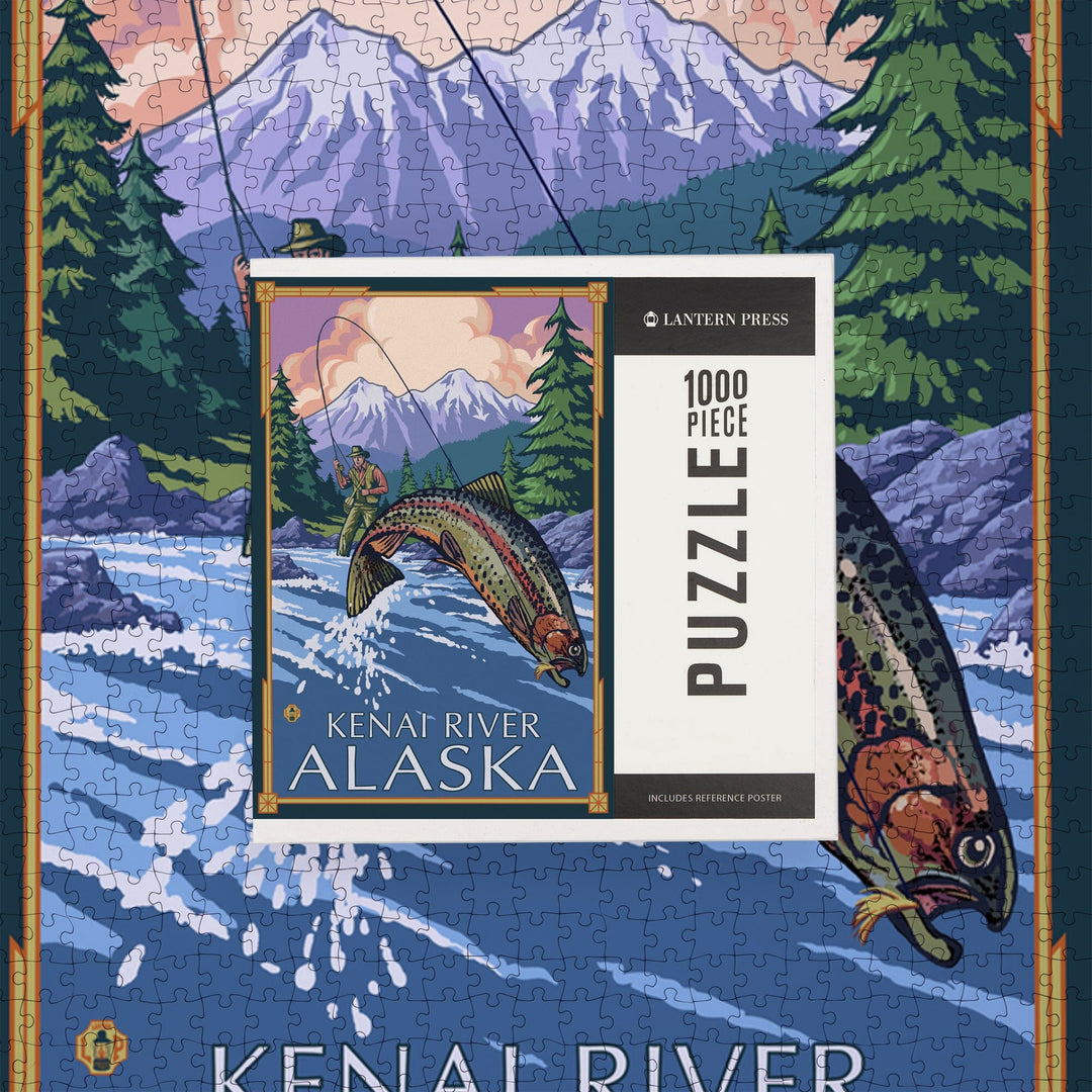 Kenai River, Alaska, Angler Fly Fishing Scene (Leaping Trout), Jigsaw Puzzle Puzzle Lantern Press 