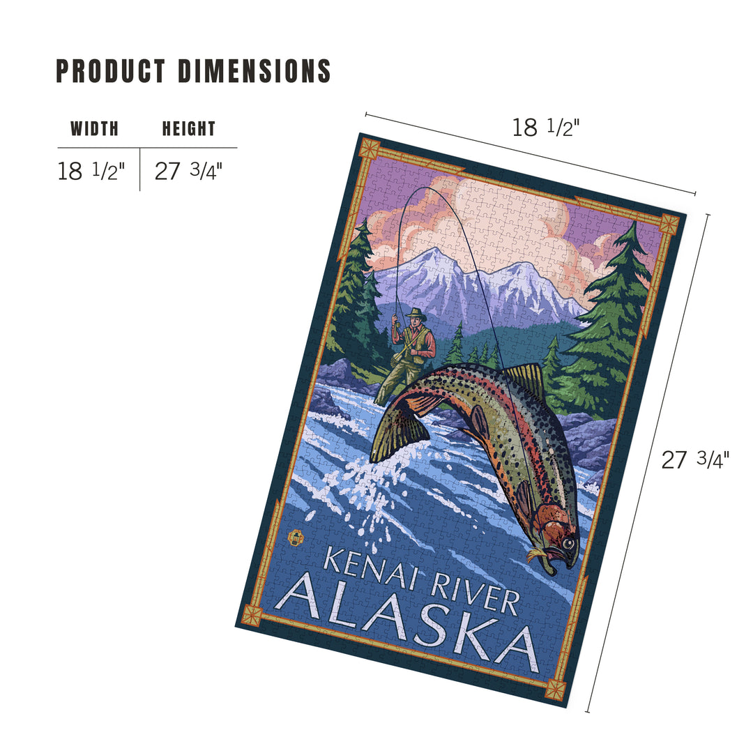 Kenai River, Alaska, Angler Fly Fishing Scene (Leaping Trout), Jigsaw Puzzle Puzzle Lantern Press 