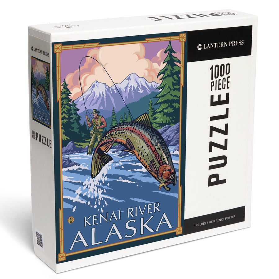Kenai River, Alaska, Angler Fly Fishing Scene (Leaping Trout), Jigsaw Puzzle Puzzle Lantern Press 