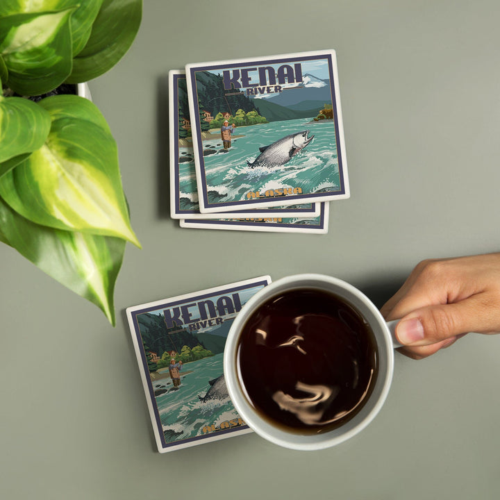 Kenai River, Alaska, Salmon Fisherman, Coasters Coasters Lantern Press 