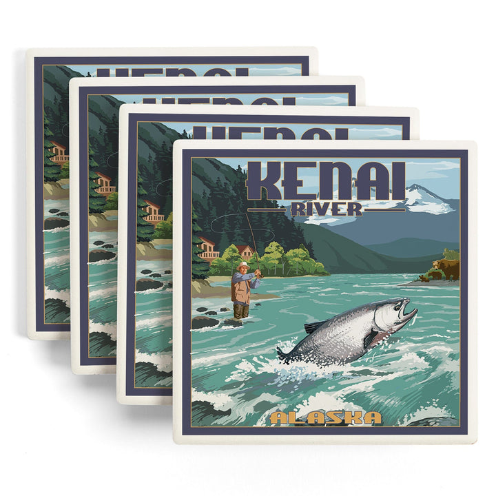 Kenai River, Alaska, Salmon Fisherman, Lantern Press Artwork, Coaster Set - Lantern Press