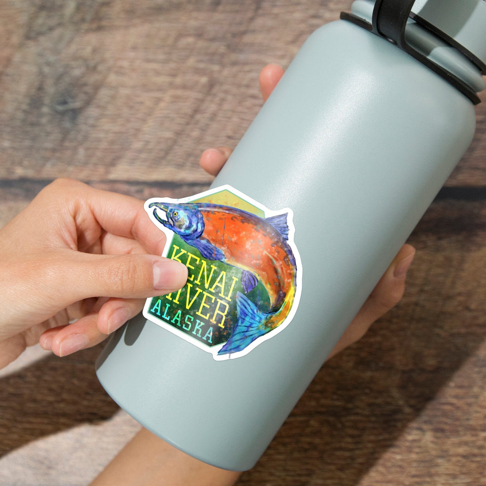 Kenai River, Alaska, Salmon, Watercolor, Contour, Lantern Press Artwork, Vinyl Sticker Sticker Lantern Press 