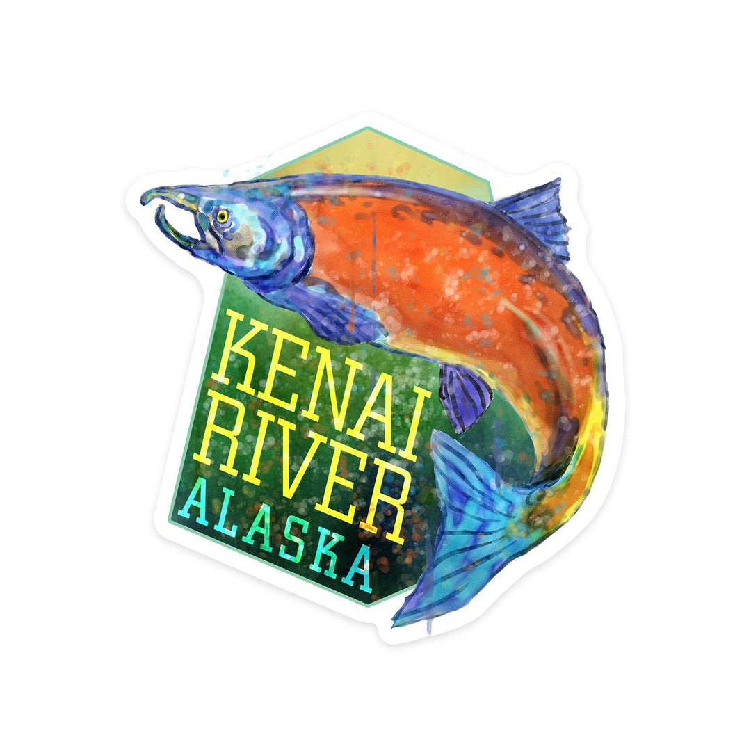 Kenai River, Alaska, Salmon, Watercolor, Contour, Lantern Press Artwork, Vinyl Sticker Sticker Lantern Press 