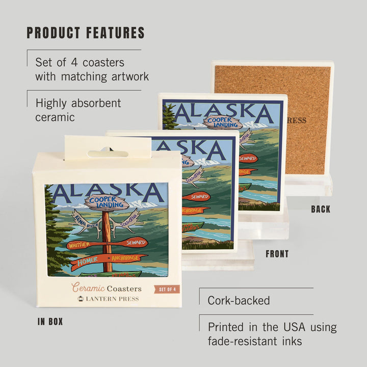 Kenai River, Alaska, Sign Post, Lantern Press Artwork, Coaster Set - Lantern Press