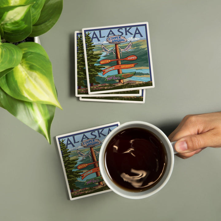 Kenai River, Alaska, Sign Post, Lantern Press Artwork, Coaster Set - Lantern Press