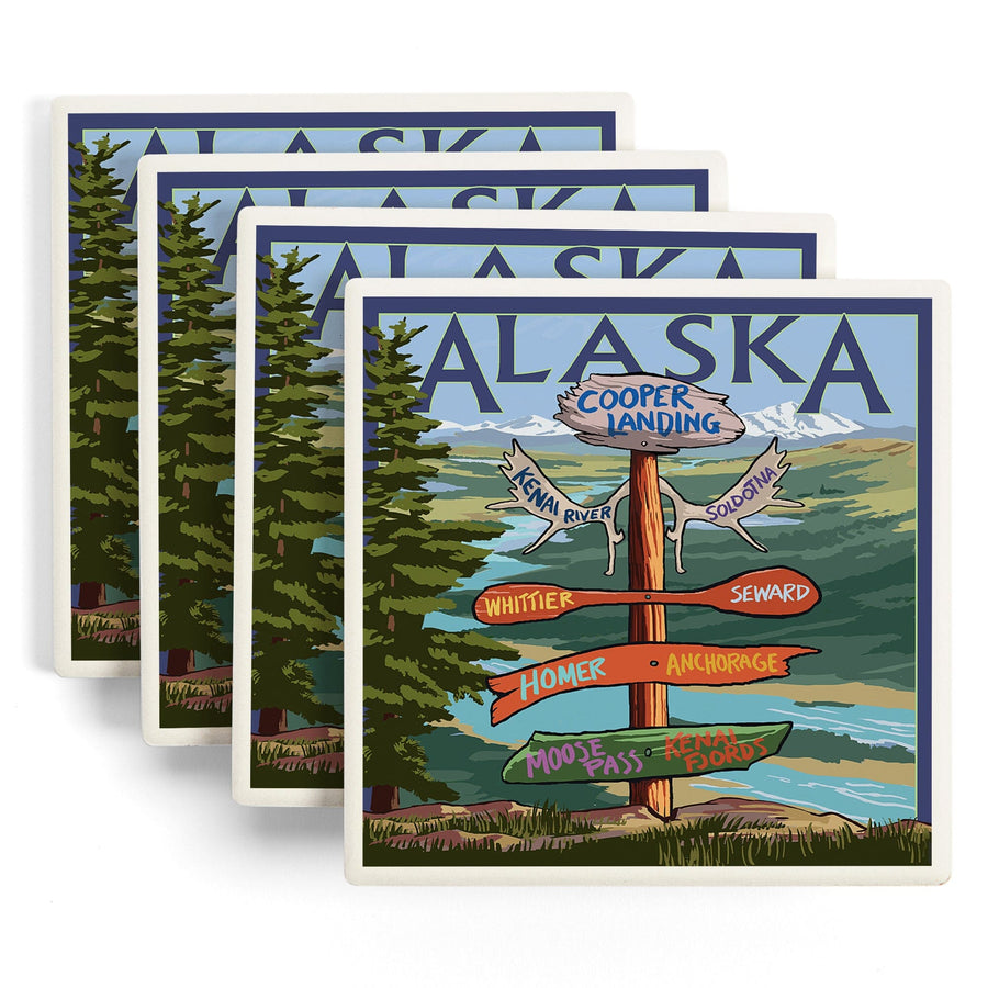 Kenai River, Alaska, Sign Post, Lantern Press Artwork, Coaster Set - Lantern Press