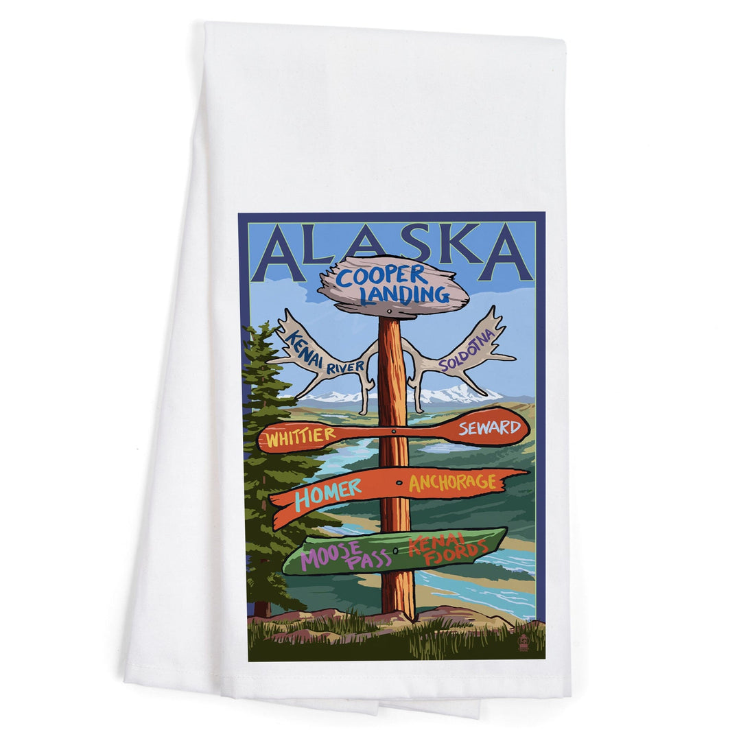 Kenai River, Alaska, Sign Post, Organic Cotton Kitchen Tea Towels Kitchen Lantern Press 