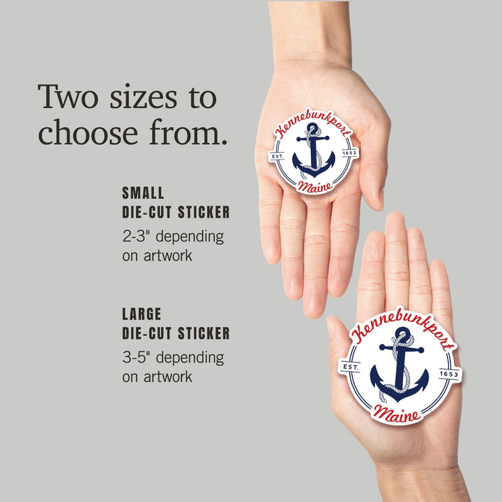 Kennebunkport, Maine, Blue and White Anchor, Red Font, Contour, Vinyl Sticker - Lantern Press