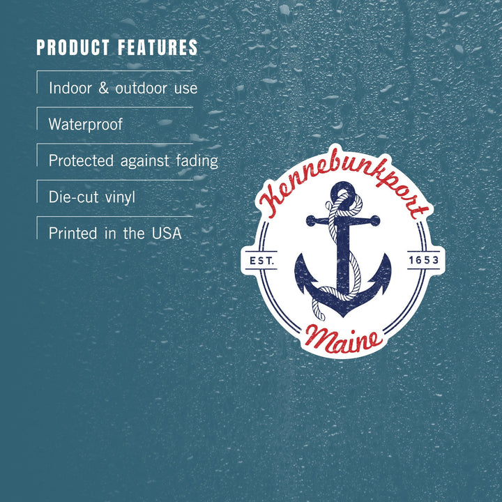 Kennebunkport, Maine, Blue and White Anchor, Red Font, Contour, Vinyl Sticker - Lantern Press