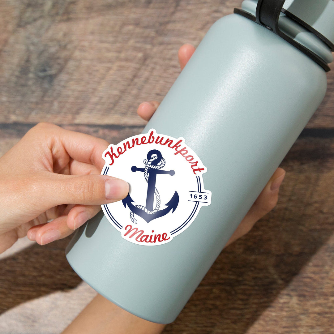 Kennebunkport, Maine, Blue and White Anchor, Red Font, Contour, Vinyl Sticker - Lantern Press