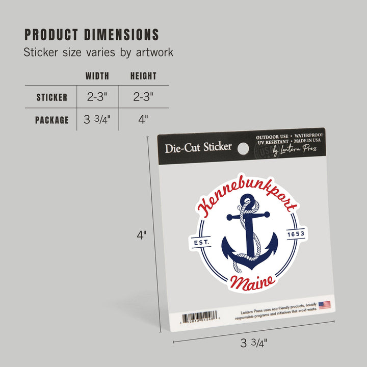 Kennebunkport, Maine, Blue and White Anchor, Red Font, Contour, Vinyl Sticker - Lantern Press