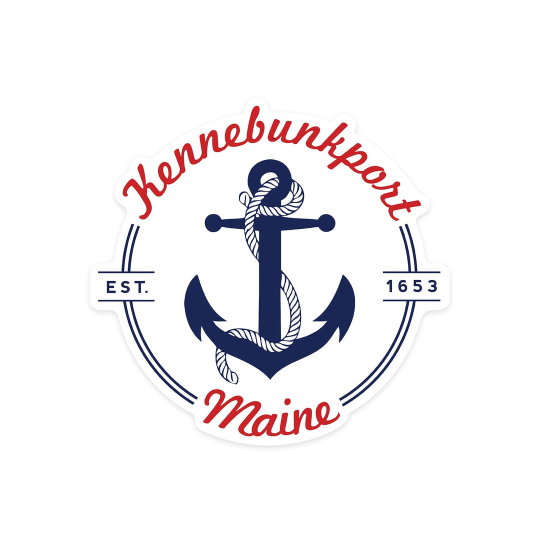 Kennebunkport, Maine, Blue and White Anchor, Red Font, Contour, Vinyl Sticker - Lantern Press