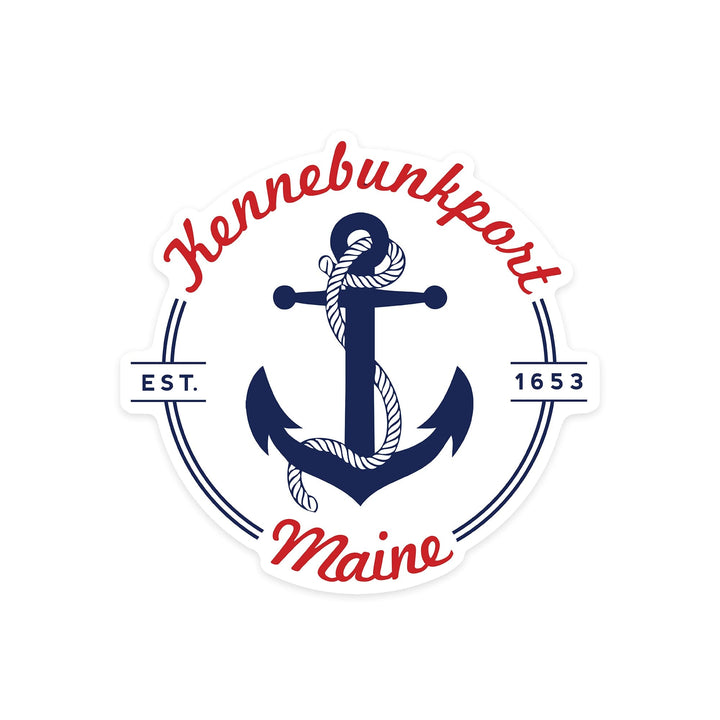 Kennebunkport, Maine, Blue and White Anchor, Red Font, Contour, Vinyl Sticker - Lantern Press