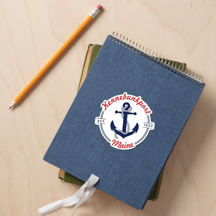 Kennebunkport, Maine, Blue and White Anchor, Red Font, Contour, Vinyl Sticker - Lantern Press