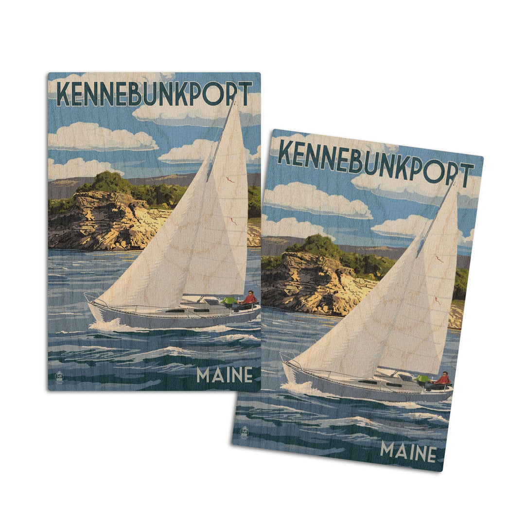 Kennebunkport, Maine, Sloop Sailboat & Lake, Lantern Press Artwork, Wood Signs and Postcards Wood Lantern Press 4x6 Wood Postcard Set 