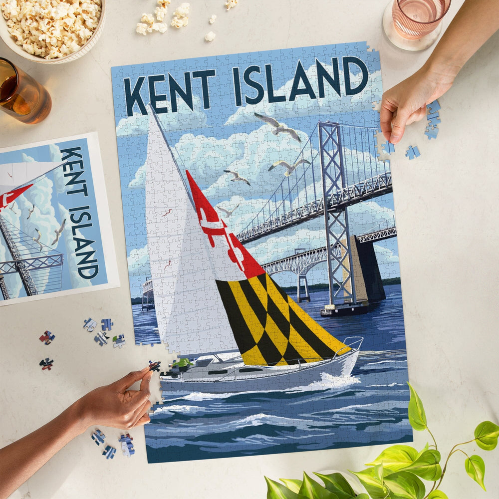 Kent Island, Maryland, Sloop Sailboat and Chesapeake Bay Bridge, Jigsaw Puzzle Puzzle Lantern Press 