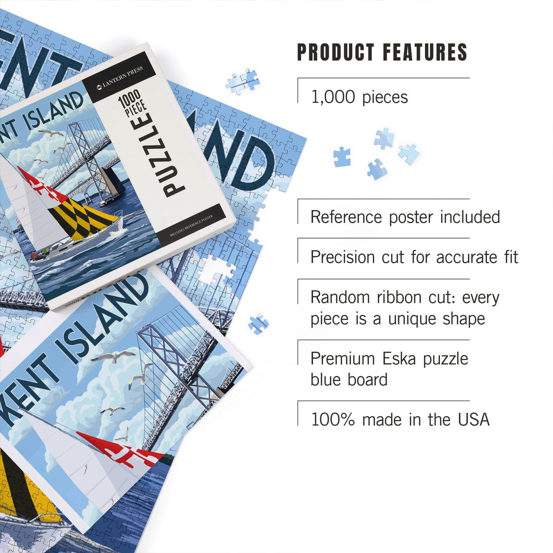 Kent Island, Maryland, Sloop Sailboat and Chesapeake Bay Bridge, Jigsaw Puzzle Puzzle Lantern Press 
