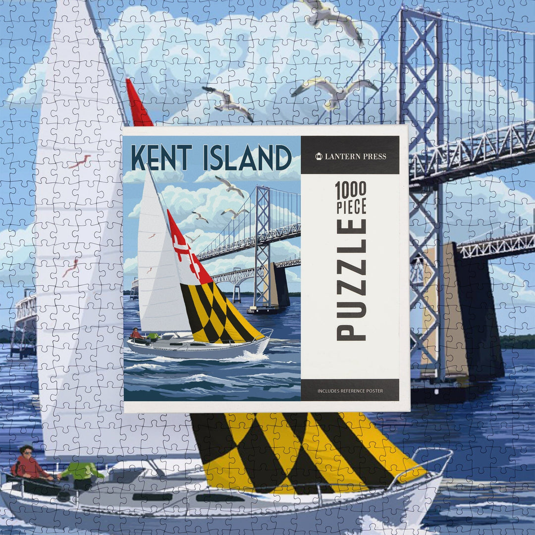 Kent Island, Maryland, Sloop Sailboat and Chesapeake Bay Bridge, Jigsaw Puzzle Puzzle Lantern Press 