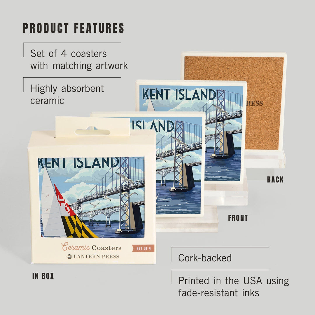 Kent Island, Maryland, Sloop Sailboat & Chesapeake Bay Bridge, Lantern Press Artwork, Coaster Set - Lantern Press