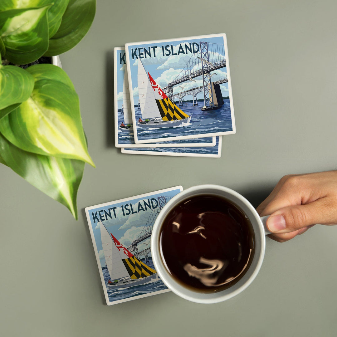 Kent Island, Maryland, Sloop Sailboat & Chesapeake Bay Bridge, Lantern Press Artwork, Coaster Set - Lantern Press