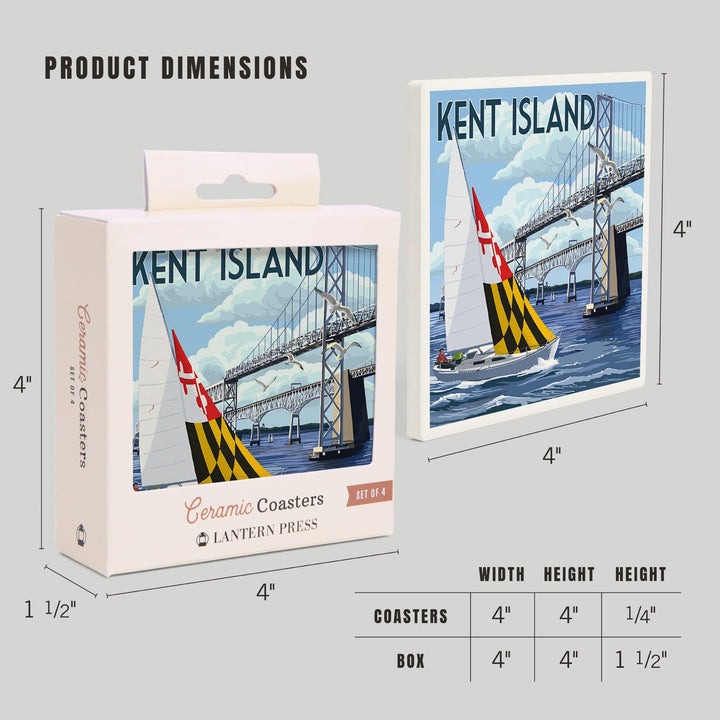 Kent Island, Maryland, Sloop Sailboat & Chesapeake Bay Bridge, Lantern Press Artwork, Coaster Set - Lantern Press