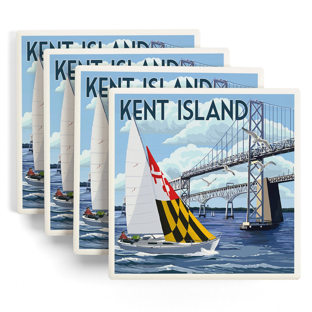 Kent Island, Maryland, Sloop Sailboat & Chesapeake Bay Bridge, Lantern Press Artwork, Coaster Set - Lantern Press