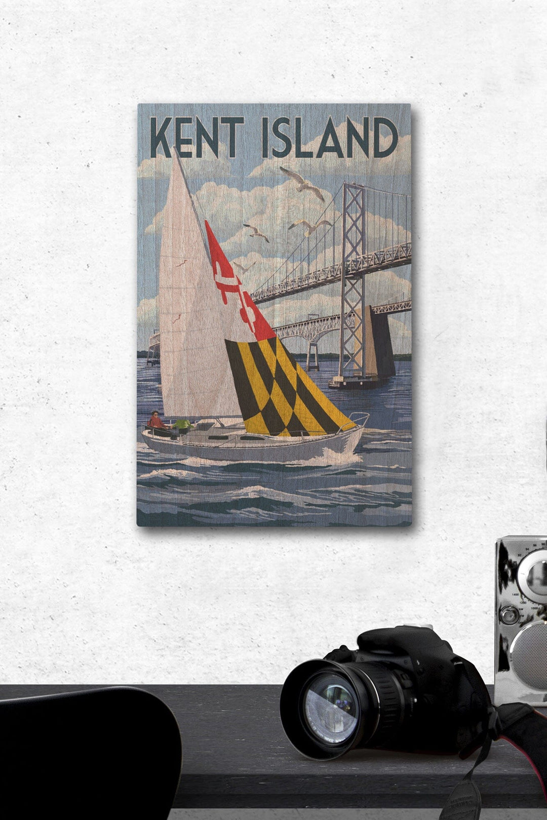 Kent Island, Maryland, Sloop Sailboat & Chesapeake Bay Bridge, Lantern Press Artwork, Wood Signs and Postcards Wood Lantern Press 12 x 18 Wood Gallery Print 