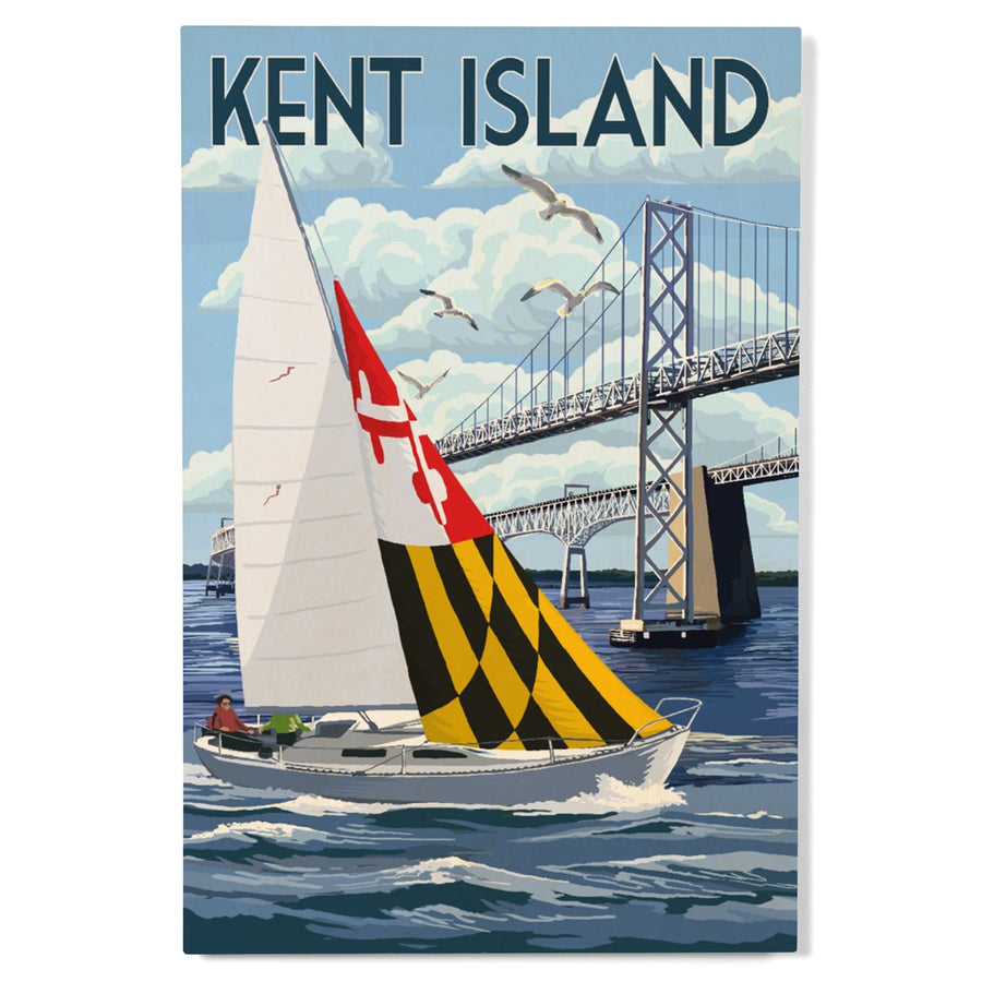 Kent Island, Maryland, Sloop Sailboat & Chesapeake Bay Bridge, Lantern Press Artwork, Wood Signs and Postcards Wood Lantern Press 