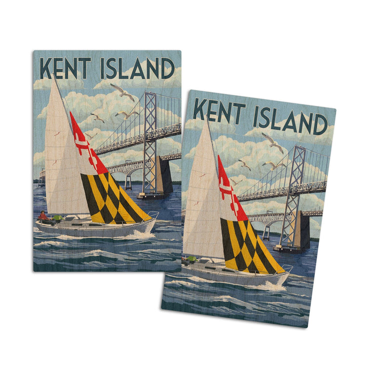 Kent Island, Maryland, Sloop Sailboat & Chesapeake Bay Bridge, Lantern Press Artwork, Wood Signs and Postcards Wood Lantern Press 4x6 Wood Postcard Set 