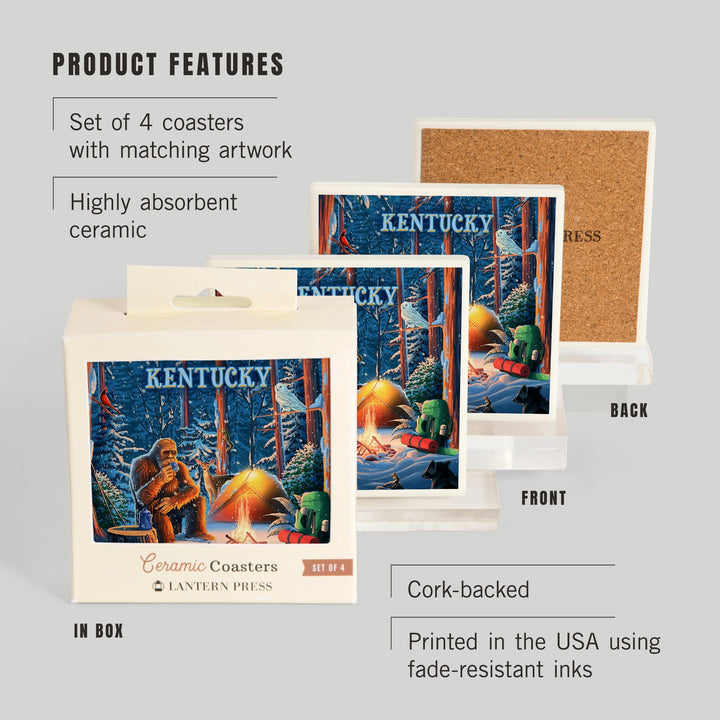 Kentucky, Find Your Inner Squatch, Camping Bigfoot, Coasters Coasters Lantern Press 