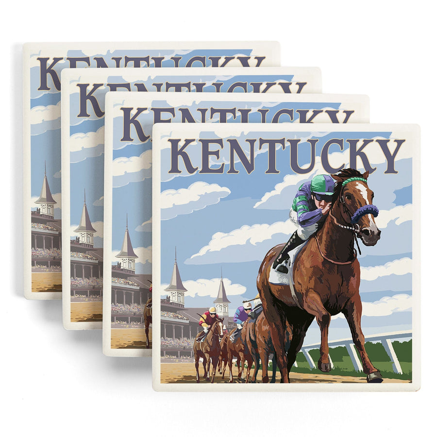 Kentucky, Horse Racing Track Scene, Lantern Press Artwork, Coaster Set - Lantern Press