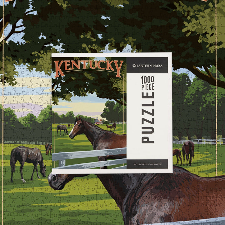 Kentucky, Thoroughbred Horses Farm Scene, Jigsaw Puzzle Puzzle Lantern Press 