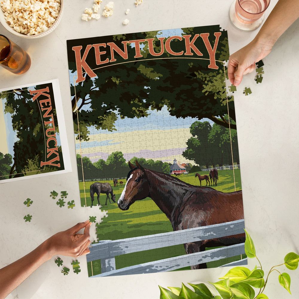 Kentucky, Thoroughbred Horses Farm Scene, Jigsaw Puzzle Puzzle Lantern Press 