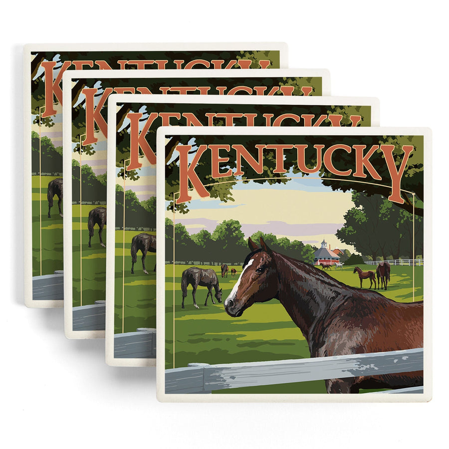 Kentucky, Thoroughbred Horses Farm Scene, Lantern Press Artwork, Coaster Set - Lantern Press