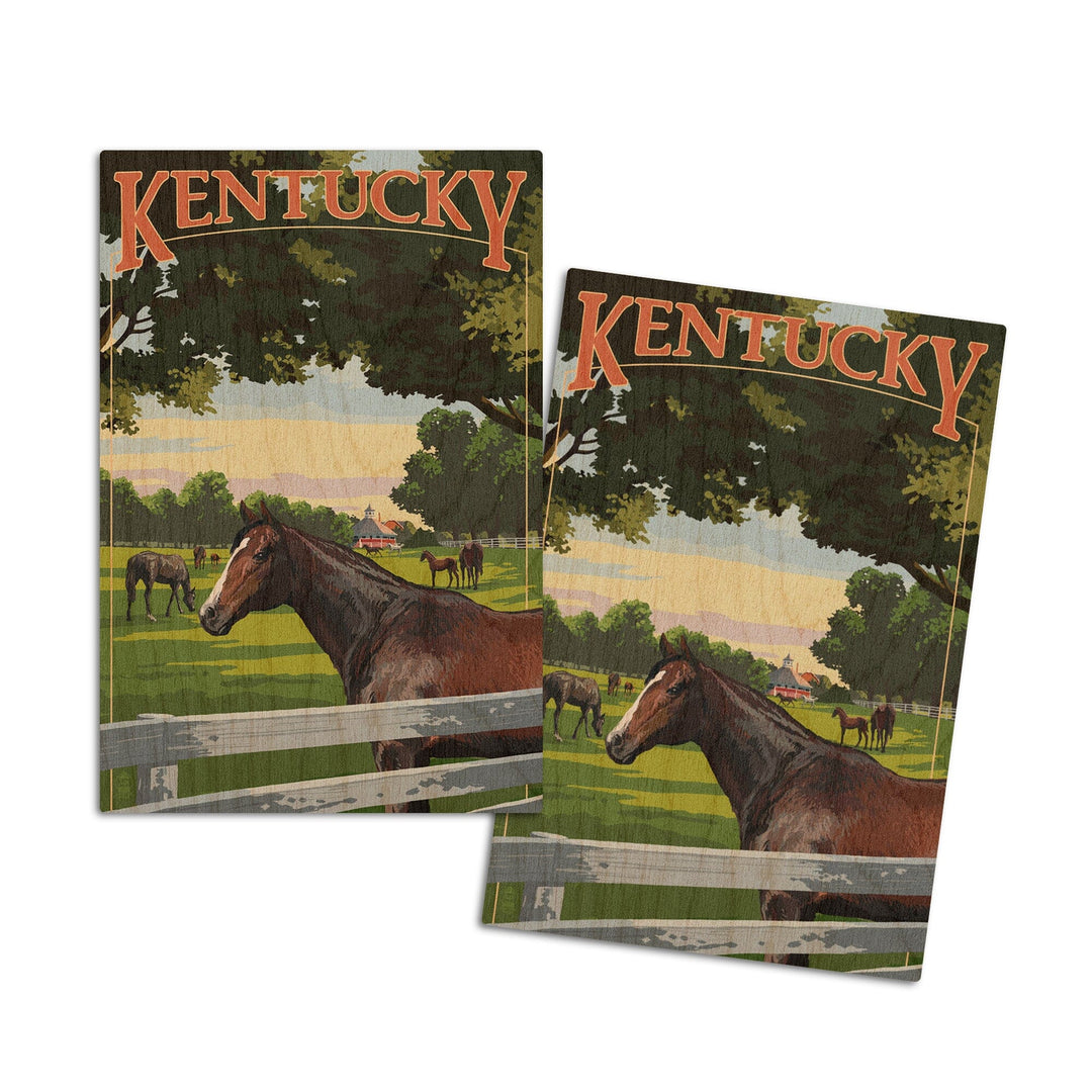 Kentucky, Thoroughbred Horses Farm Scene, Lantern Press Artwork, Wood Signs and Postcards Wood Lantern Press 4x6 Wood Postcard Set 