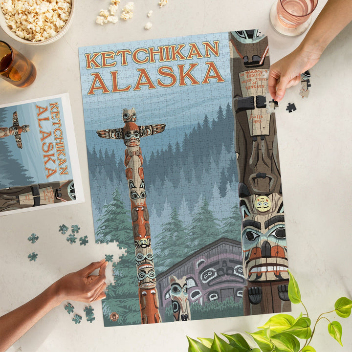 Ketchikan, Alaska, Alaska Totem Poles, Jigsaw Puzzle Puzzle Lantern Press 