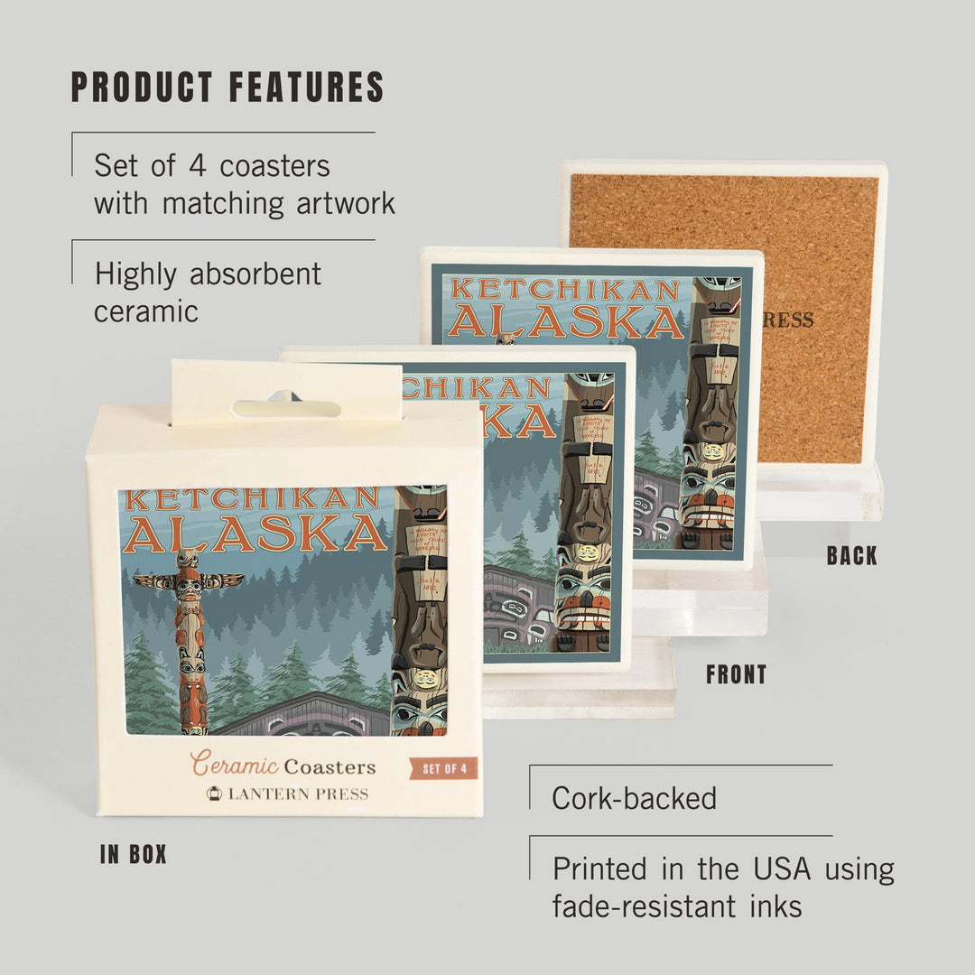 Ketchikan, Alaska, Alaska Totem Poles, Lantern Press Artwork, Coaster Set - Lantern Press