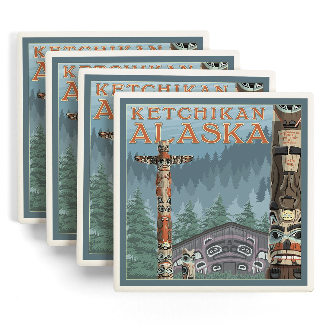 Ketchikan, Alaska, Alaska Totem Poles, Lantern Press Artwork, Coaster Set - Lantern Press