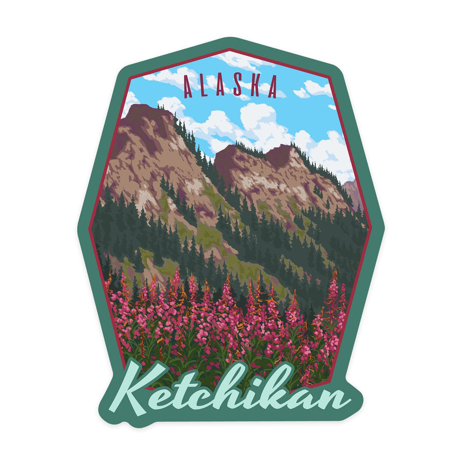 Ketchikan, Alaska, Fireweeds and Mountains, Contour, Vinyl Sticker - Lantern Press