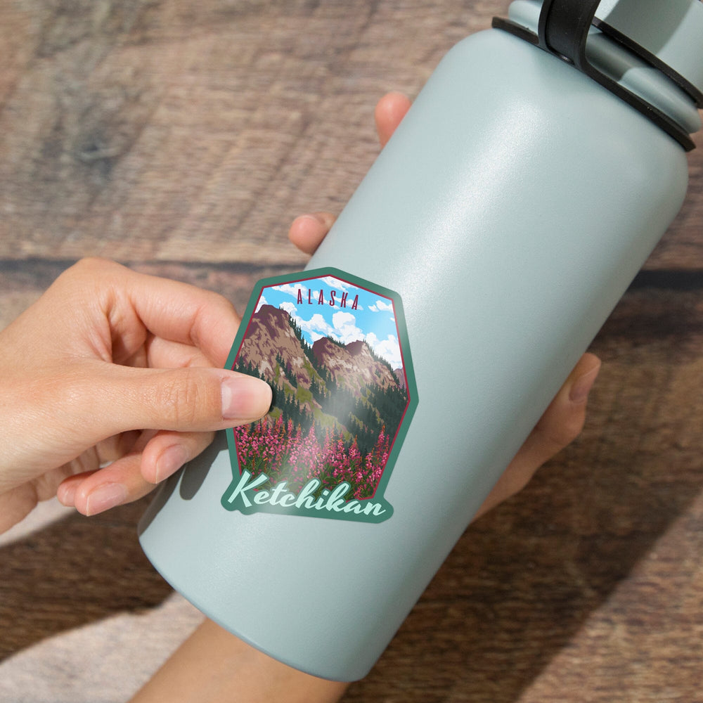 Ketchikan, Alaska, Fireweeds and Mountains, Contour, Vinyl Sticker - Lantern Press