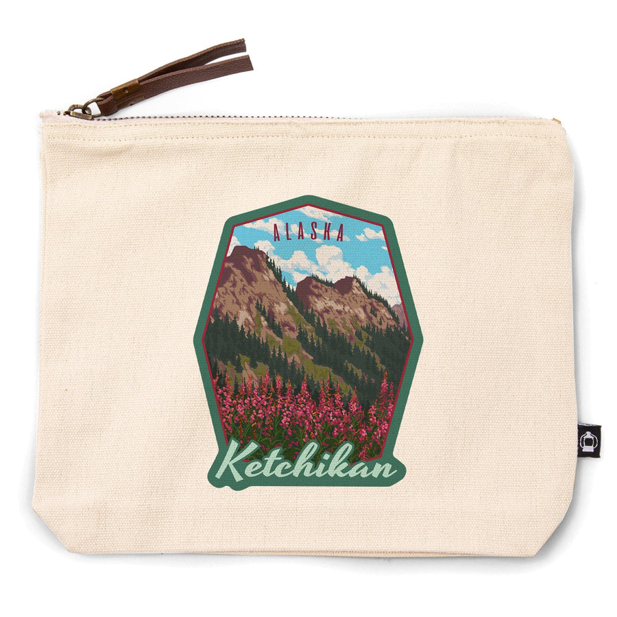 Ketchikan, Alaska, Fireweeds and Mountains,, Organic Cotton Zipper Pouch, Go Bag Go Bag Lantern Press 