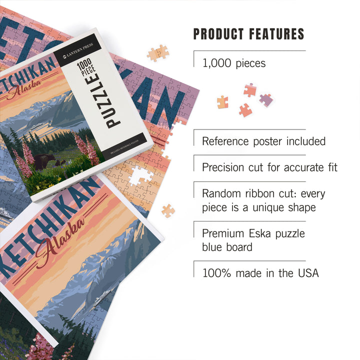 Ketchikan, Alaska, Inside Passage, Bear and Spring Flowers, Jigsaw Puzzle Puzzle Lantern Press 