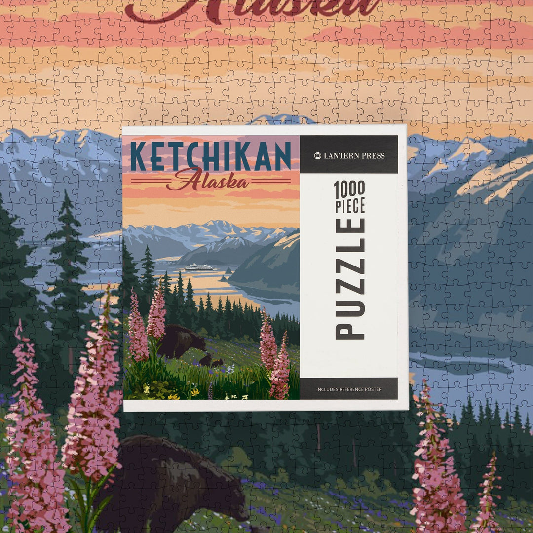 Ketchikan, Alaska, Inside Passage, Bear and Spring Flowers, Jigsaw Puzzle Puzzle Lantern Press 