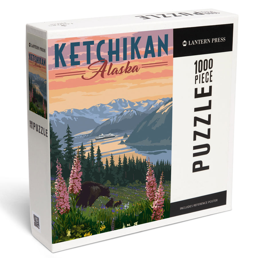 Ketchikan, Alaska, Inside Passage, Bear and Spring Flowers, Jigsaw Puzzle Puzzle Lantern Press 