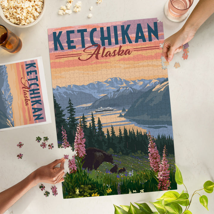 Ketchikan, Alaska, Inside Passage, Bear and Spring Flowers, Jigsaw Puzzle Puzzle Lantern Press 
