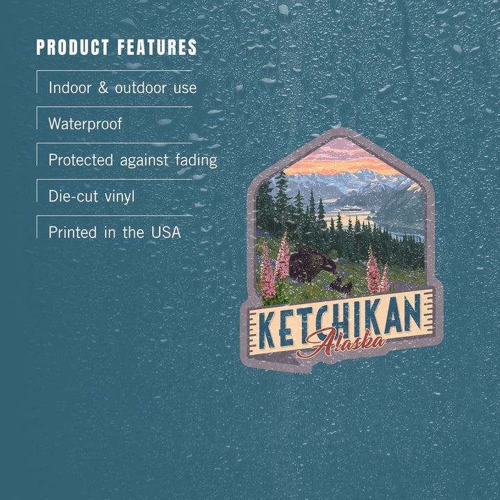 Ketchikan, Alaska, Inside Passage, Bear & Spring Flowers, Contour, Lantern Press Artwork, Vinyl Sticker Sticker Lantern Press 